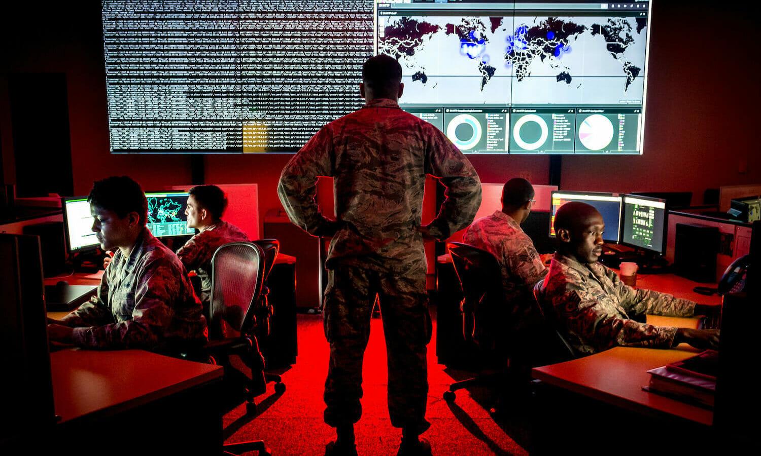 Cyber warfare specialists serving with the 175th Cyberspace Operations Group, which provides forces to a national mission team belonging to the U.S. Cyber Command, participate in training. (U.S. Air Force J.M. Eddins Jr.)