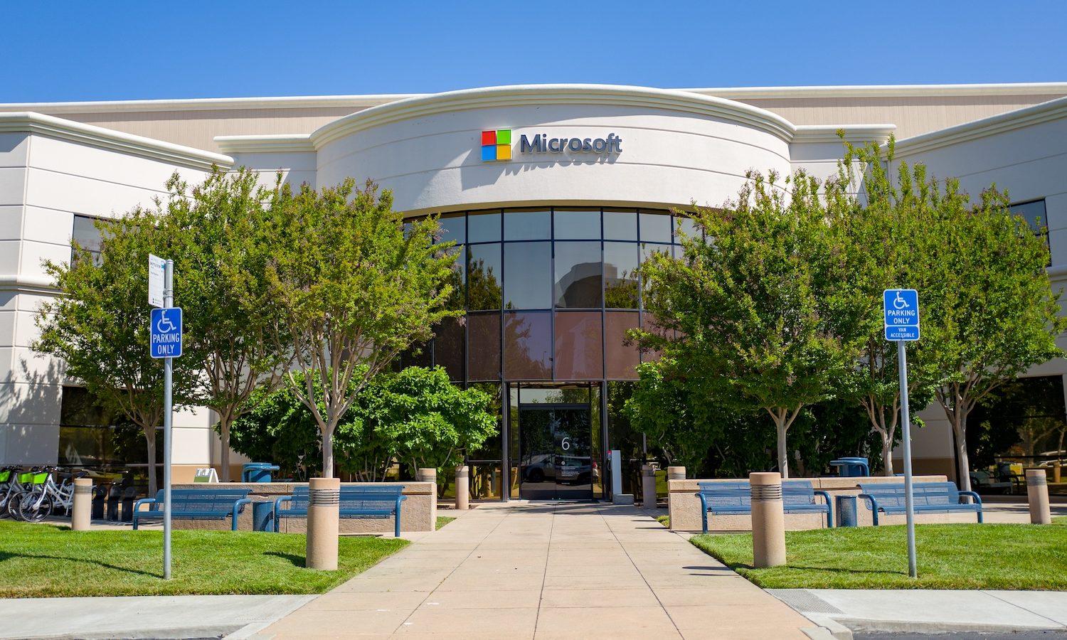 Facade with sign and logo at regional headquarters of computing company Microsoft in the Silicon Valley, Mountain View, California, May 3, 2019. Researchers have developed a proof of concept exploit for (Photo a critical flaw patched by the company last month. by Smith Collection/Gado/Getty Images)