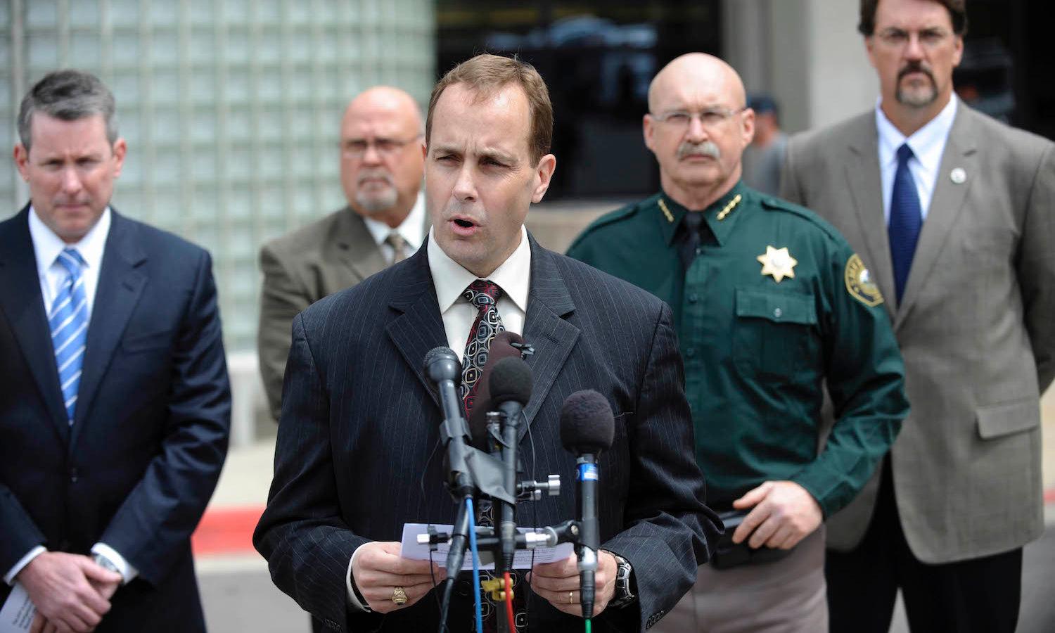 GOLDEN, CO&#8211; FBI, Special Agent in Charge, Jim Yacone, center, along with  Jeffco Sheriff&#8217;s office, ATF agents and U.S. attorneys at a press conference at the Jefferson County Sheriff&#8217;s office headquarters announcing the arrest of Southwest Mall bomb suspect, Earl Albert Moore Tuesday afternoon. Moore was arrested Tuesday morning a...