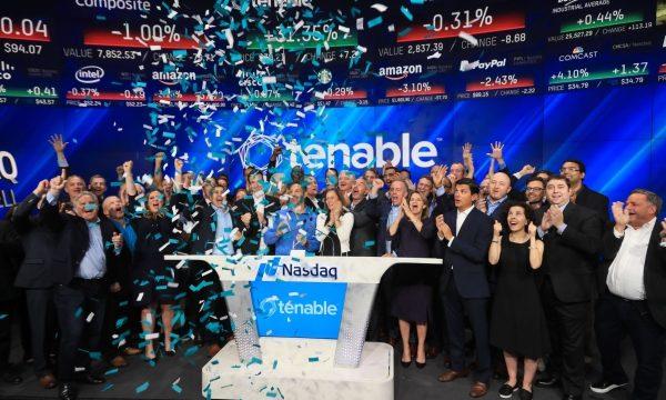 Cyndi Gula and team celebrate Tenable going public on the Nasdaq in 2018. Gula was an executive at the company, which her husband co-founded. (GulaTech Adventures)