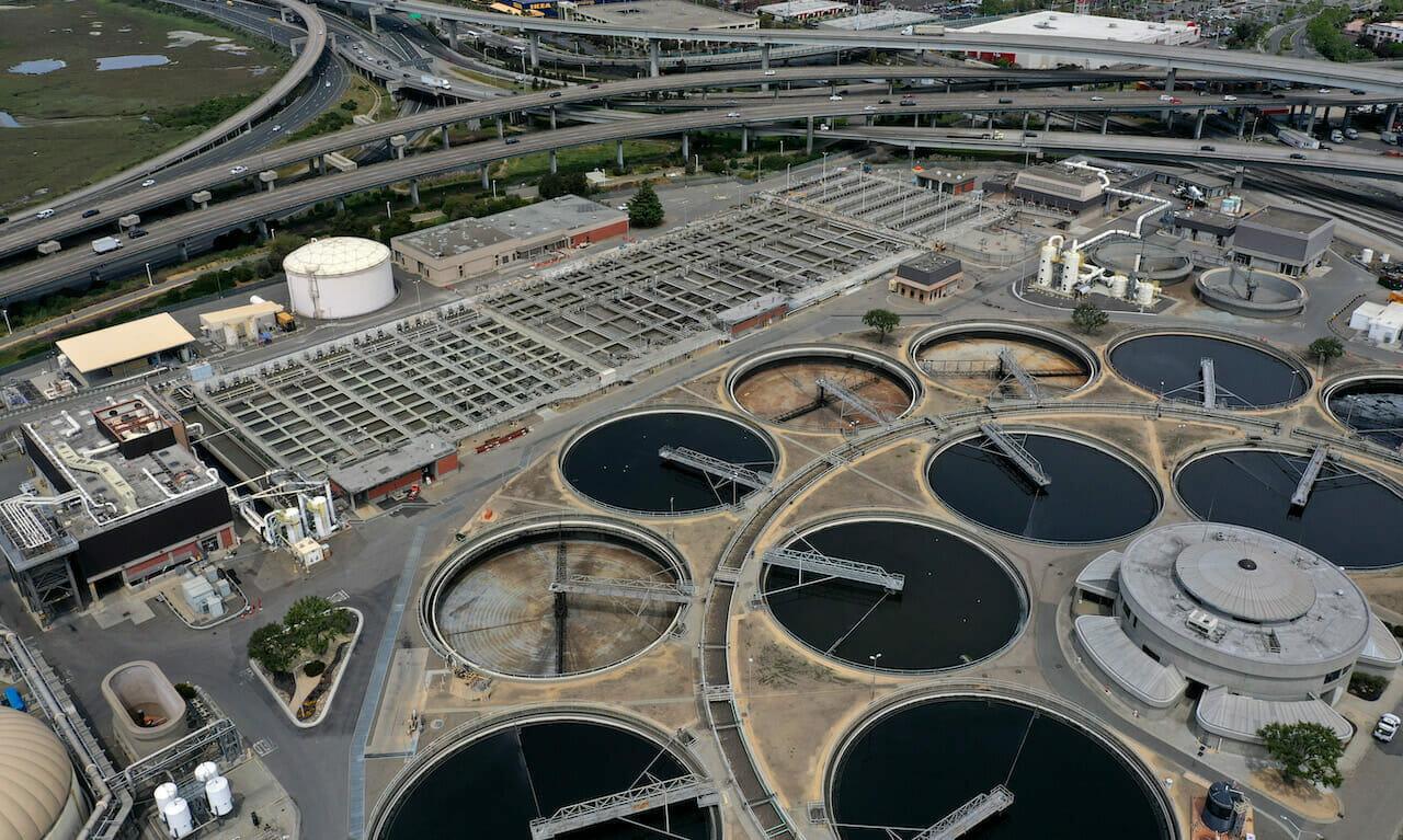 An aerial view of the East Bay Municipal Utility District Wastewater Treatment Plant on April 29, 2020 in Oakland, California.  (Photo by Justin Sullivan/Getty Images)