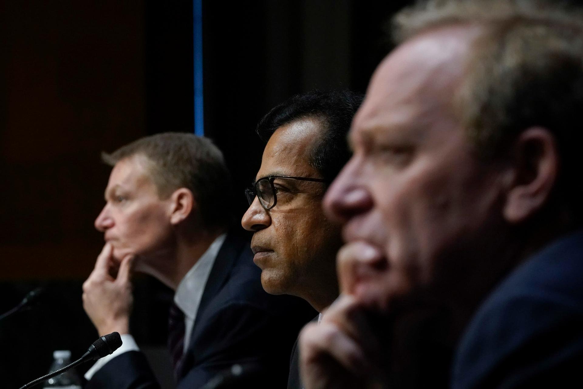WASHINGTON, DC &#8211; FEBRUARY 23: (L-R) FireEye CEO Kevin Mandia, SolarWinds CEO Sudhakar Ramakrishna and Microsoft President Brad Smith testify during a Senate Intelligence Committee hearing on Capitol Hill on February 23, 2021 in Washington, DC. The hearing focused on the 2020 cyberattack that resulted in a series of data breaches within severa...