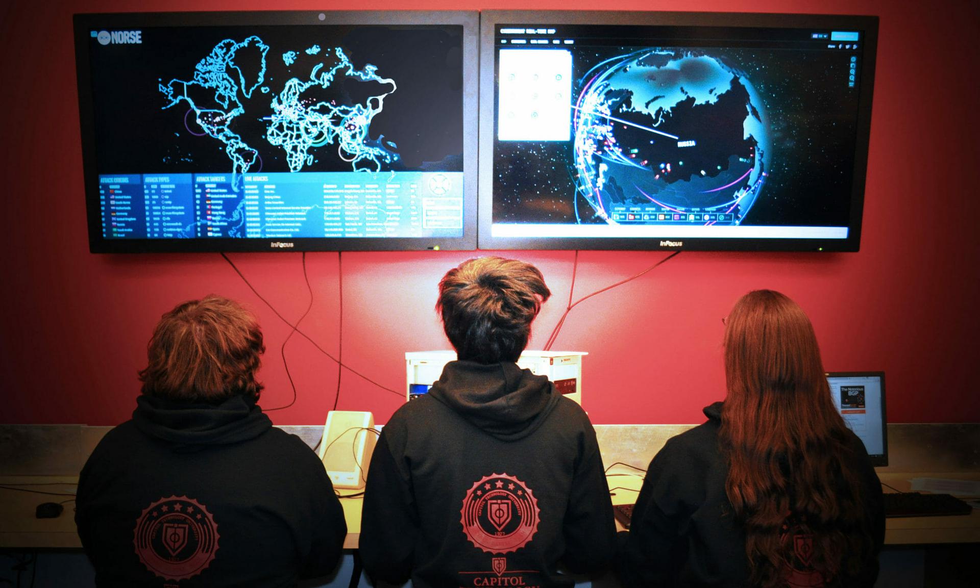Students participate in the university’s Cyber Lab, designed to help create a pipeline for cybersecurity expertise in the region, enables students to simulate, detect, analyze, and combat a wide range of cyber threats. (Capitol Technology University)