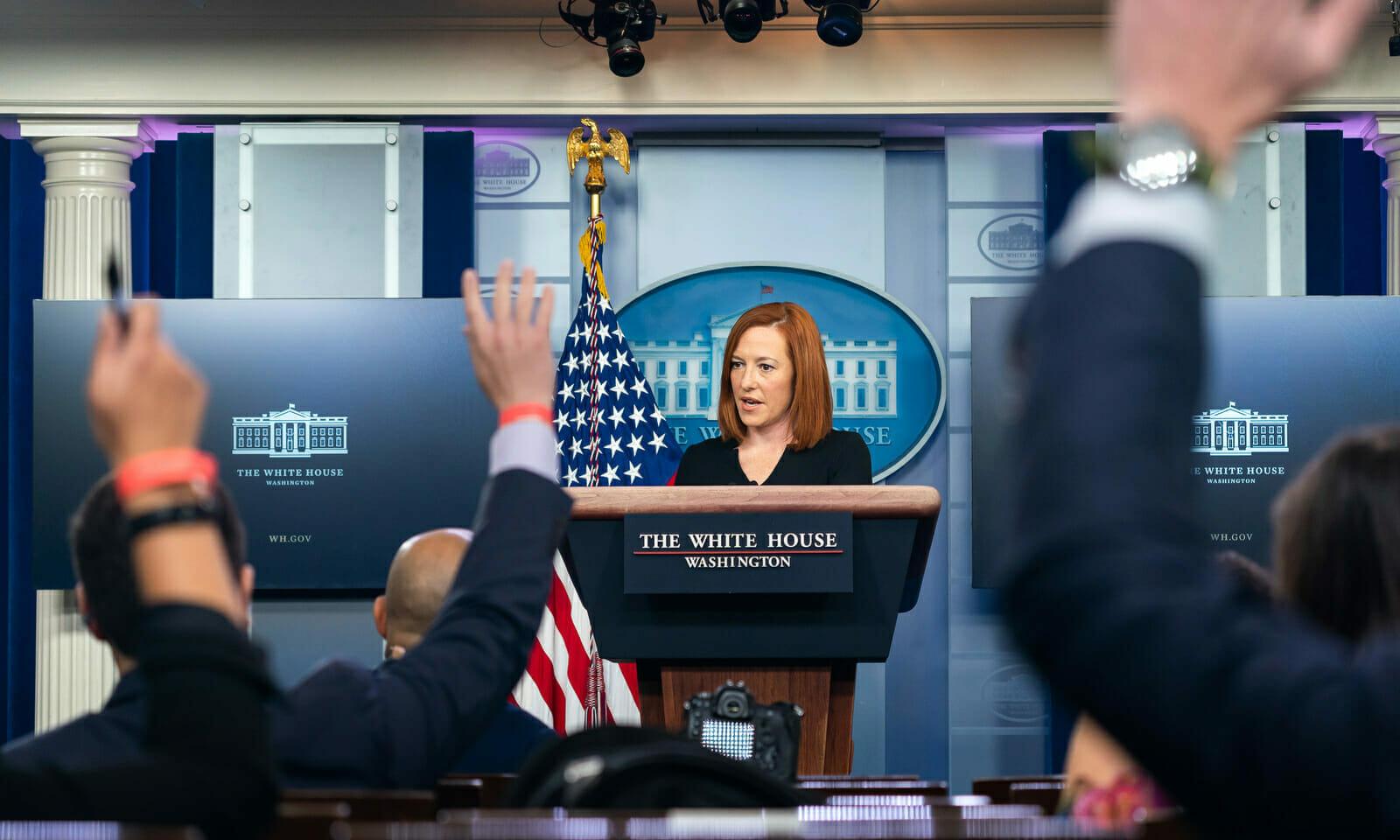 Press Secretary Jen Psaki takes questions from reporters during a press briefing Monday, Feb. 1, 2021, in the James S. Brady Press Briefing Room of the White House. Psaki told reporters that Biden would bring up Moscow&#8217;s inaction against its homegrown ransomware industry during an upcoming summit with Russian President Vladimir Putin (Officia...