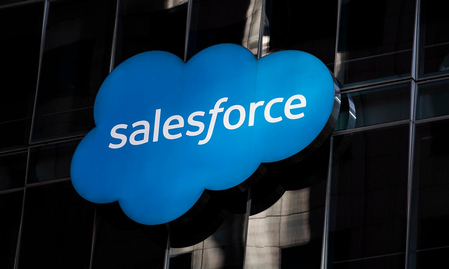The Salesforce logo is seen at its headquarters on Dec. 1, 2020, in San Francisco. (Stephen Lam/Getty Images)