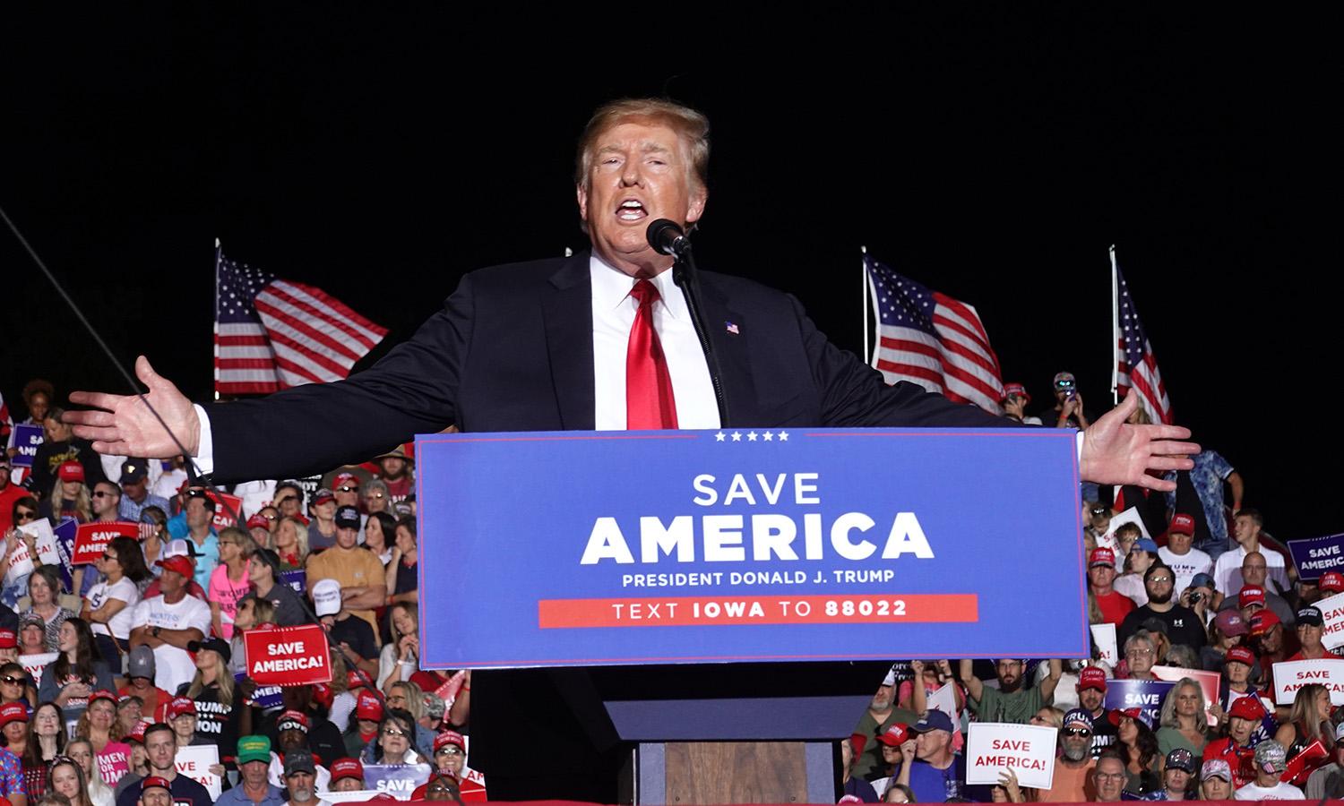 Former President Donald Trump speaks to supporters during a rally at the Iowa State Fairgrounds on Oct. 9, 2021, in Des Moines, Iowa. (Photo by Scott Olson/Getty Images)