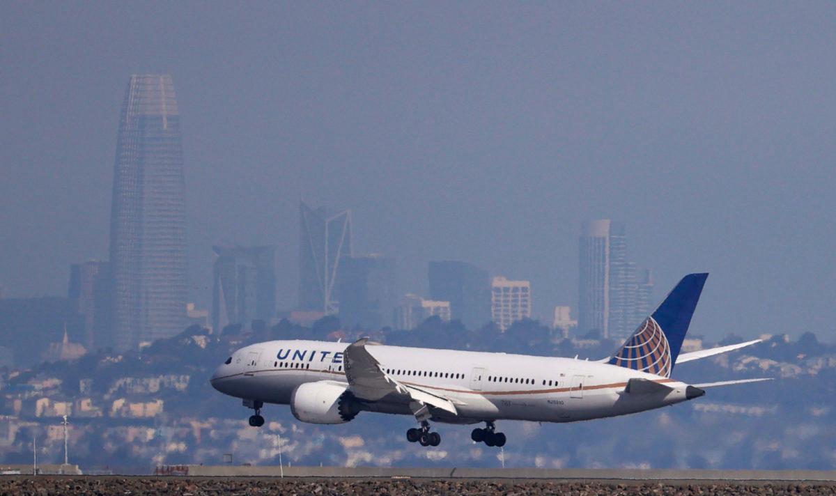 A United Airlines 787 Dreamliner lands at San Francisco International Airport on October 19, 2021 in San Francisco, California. Five Republican Senators are asking the Biden administration to hold off on an emergency cybersecurity directive for rail and aviation companies and engage more with industry to avoid &#8220;unintended consequences.&#8221;...