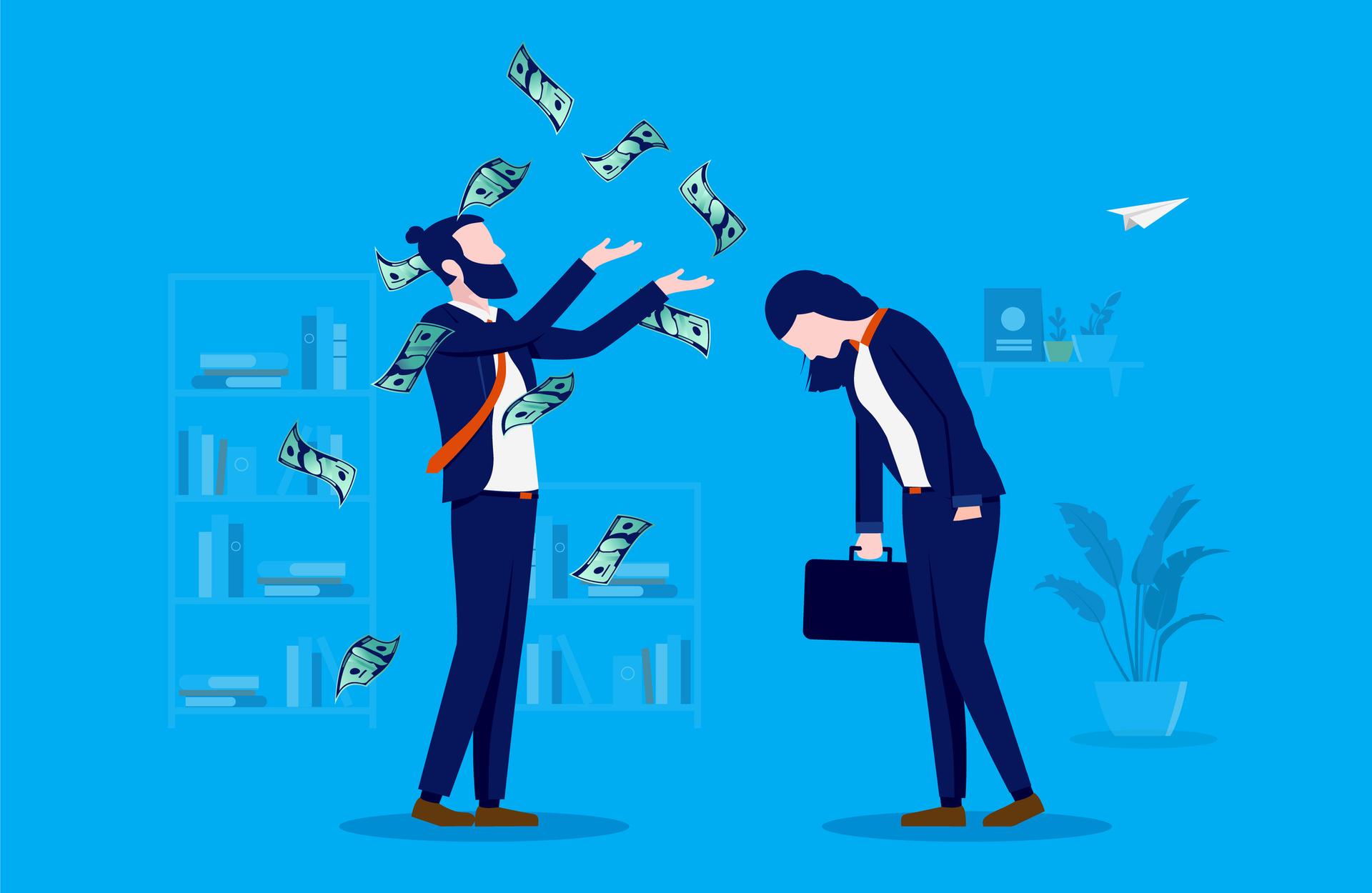 Businessman standing in work place throwing money in air in front of woman. Gender inequality concept. Vector illustration.
