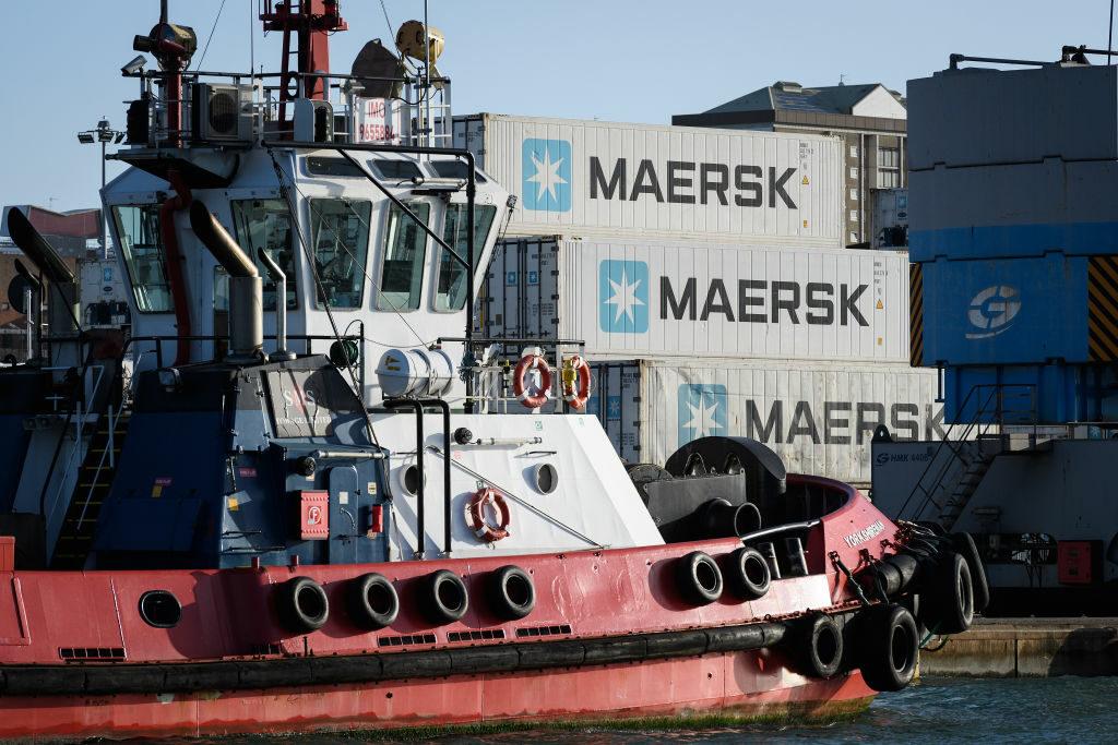 Maersk shipping containers are seen in the dock area of Portsmouth International Ferry Port. Experts are debating whether Russian cyberattacks like the one the company suffered from the NotPetya malware in 2018 will be levied against U.S. or Western countries as Russia mulls a potential invasion of Ukraine. (Photo by Leon Neal/Getty Images)