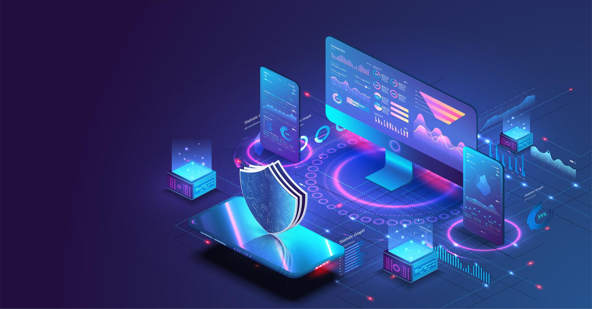 Application of pc and smartphone with business graph and analytics data. Isometric vector illustration of digital protection mechanism, system privacy.
