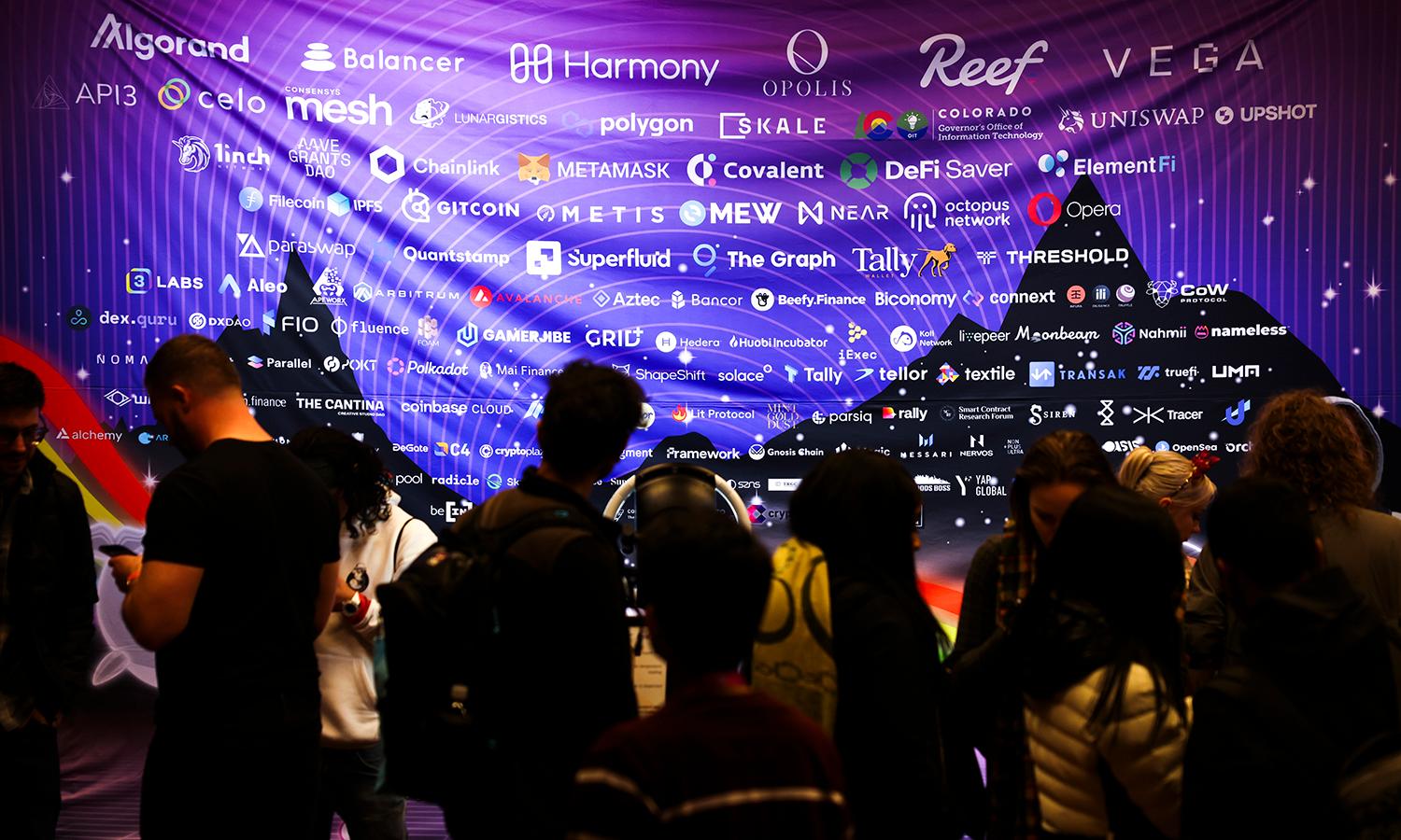 ETHDenver sponsors are listed on a banner on Feb. 18, 2022, in Denver, Colo. (Photo by Michael Ciaglo/Getty Images)