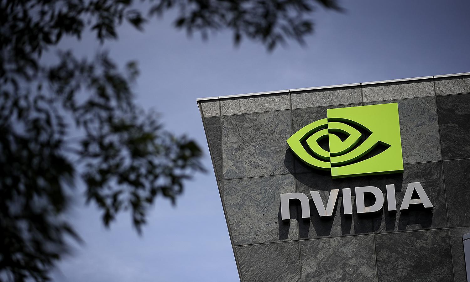 Employee credentials and Nvidia information was leaked online Tuesday after the chip maker was breached. Pictured: A sign is seen at the Nvidia headquarters on May 10, 2018, in Santa Clara, Calif. (Photo by Justin Sullivan/Getty Images)