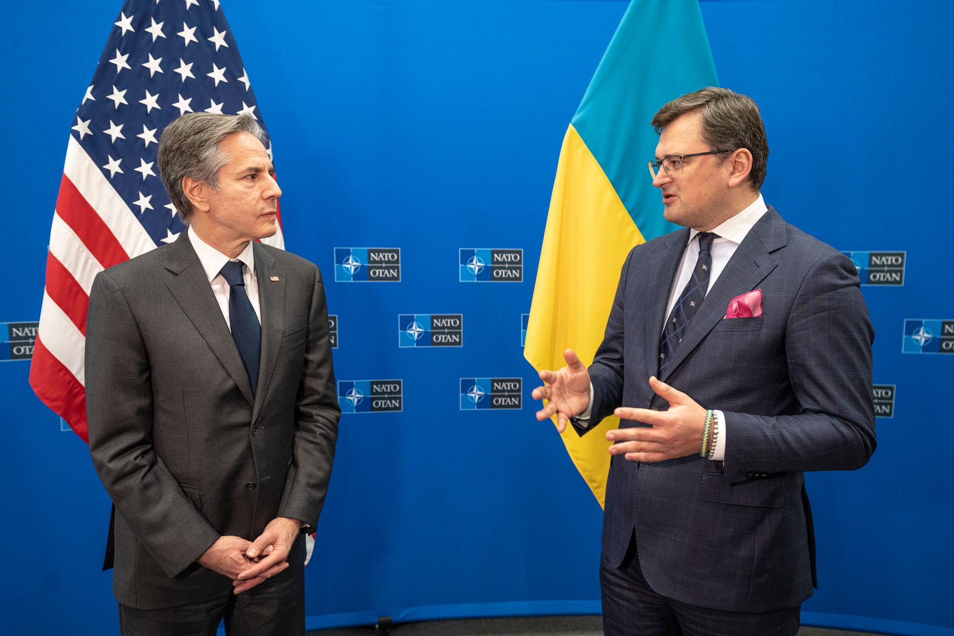 Secretary of State Antony J. Blinken, left, meets with Ukrainian Foreign Minister Dmytro Kuleba on April 7, 2022, in Brussels. (Freddie Everett/State Department)