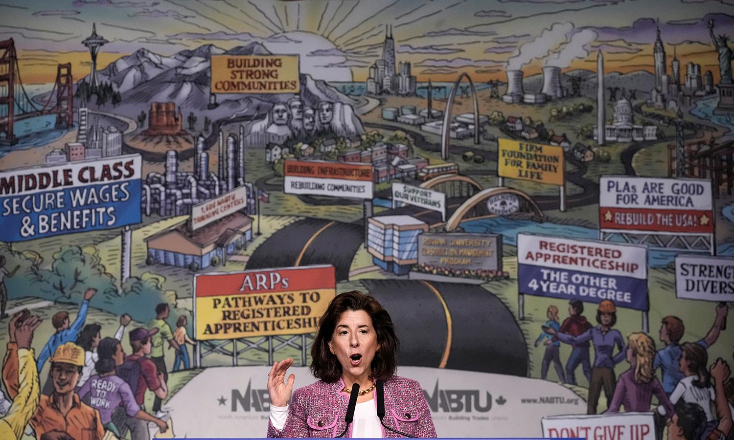U.S. Secretary of Commerce Gina Raimondo speaks during the annual North Americas Building Trades Unions Legislative Conference on April 5, 2022, in Washington. (Photo by Drew Angerer/Getty Images).
