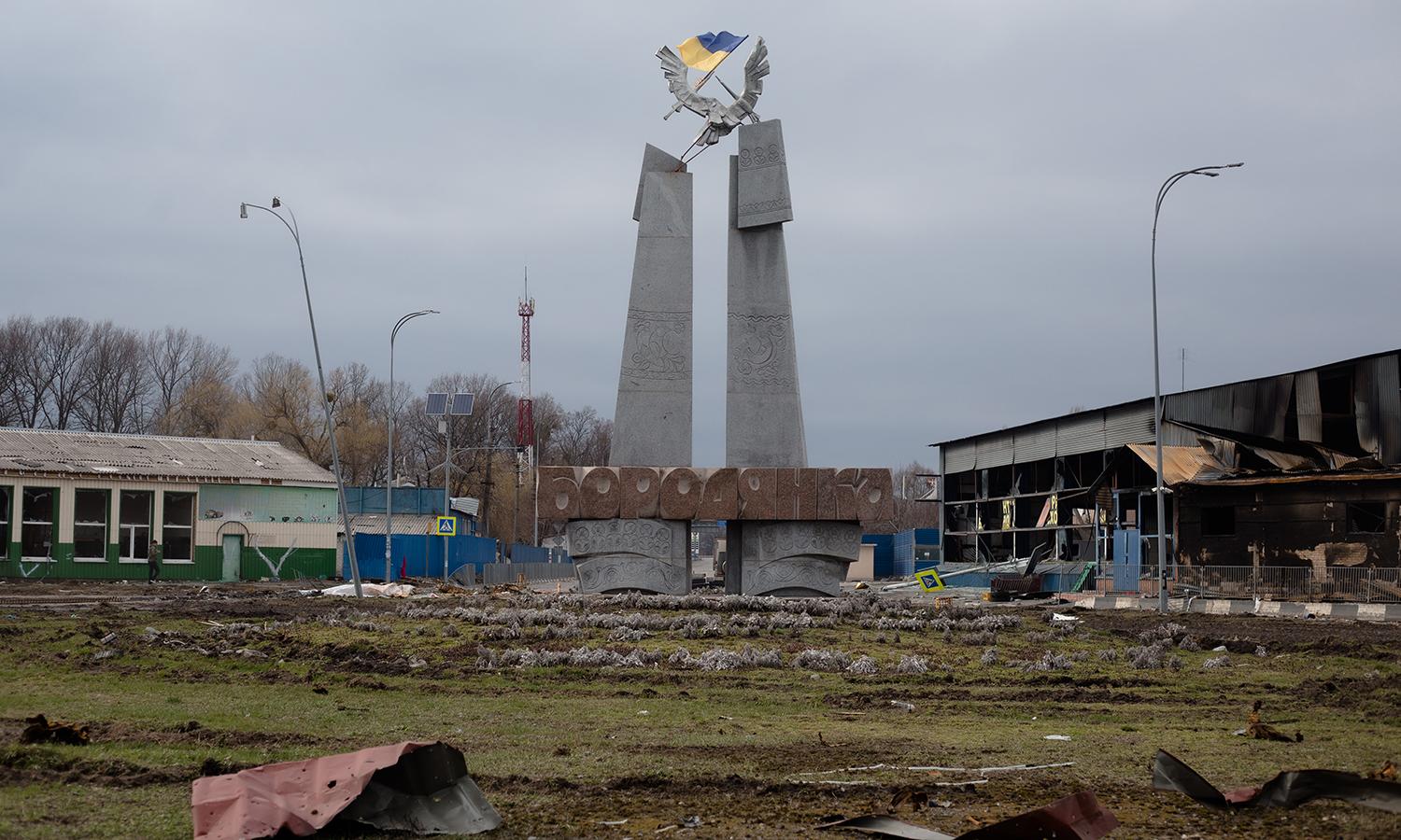 Microsoft said on its blog that it disrupted phishing sites used by Russian intelligence to target Ukraine. Pictured: A view of a monument at the entrance to Borodianka, Ukraine, on April 5, 2022. (Photo by Anastasia Vlasova/Getty Images)