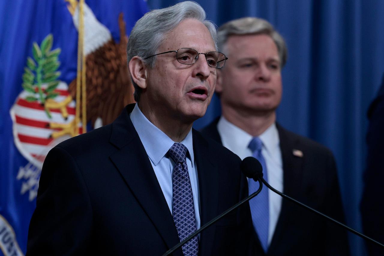 WASHINGTON, DC &#8211; APRIL 06: U.S. Attorney General Merrick Garland speaks during a press conference, alongside FBI Director Christopher Wray at the U.S. Justice Department on April 06, 2022 in Washington, DC. Garland announced new measures the DOJ would be taking to prosecute criminal Russian activity. (Photo by Anna Moneymaker/Getty Images)