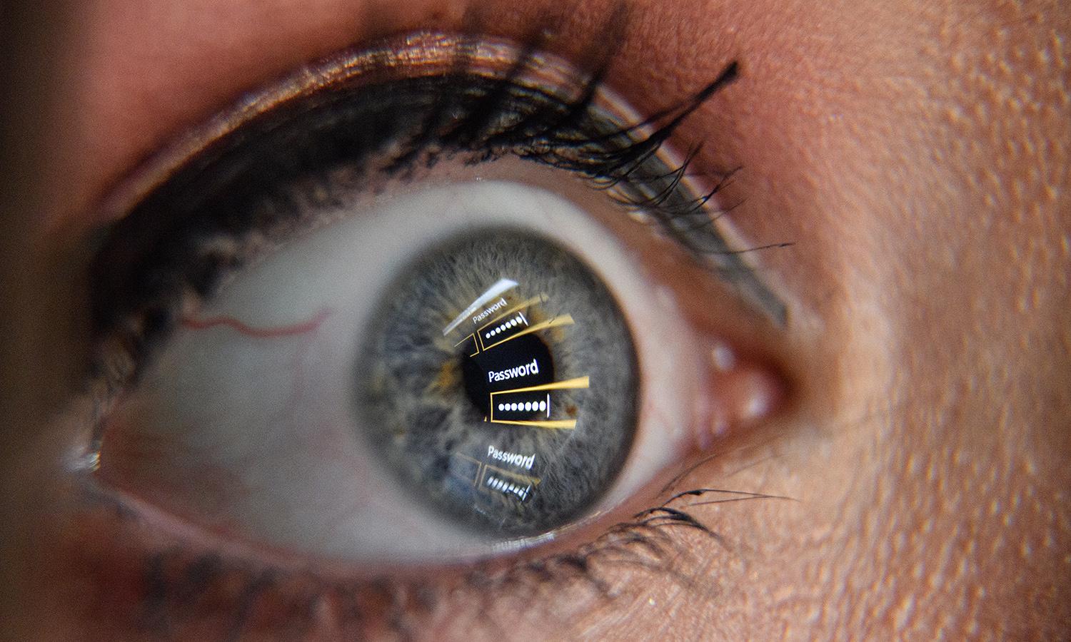 An image of a password login dialog box is reflected on the eye of a young woman on Aug. 9, 2017, in London. (Photo by Leon Neal/Getty Images)