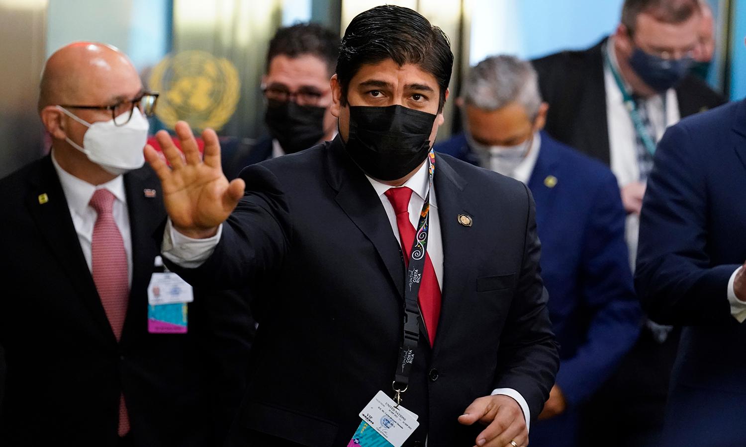 Costa Rican President Carlos Alvarado Quesada arrives at United Nations headquarters during the 76th Session of the U.N. General Assembly on Sept. 21, 2021, in New York City. The Conti ransomware group recently disrupted Costa Rica&#8217;s government computers. (Photo by John Minchillo/Pool via Getty Images)