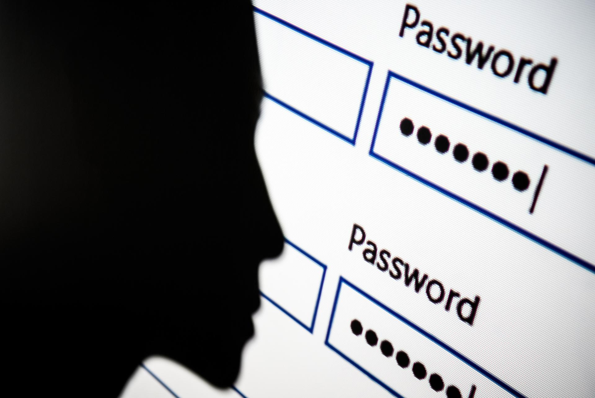 A woman is silhouetted against a projection of a password log-in dialog box. (Photo by Leon Neal/Getty Images)