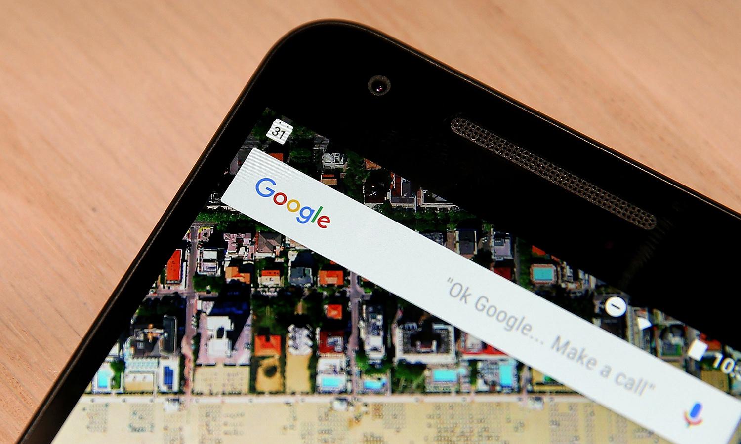 The Google logo is displayed on a Nexus 5X phone during a Google media event Sept. 29, 2015, in San Francisco. (Photo by Justin Sullivan/Getty Images)