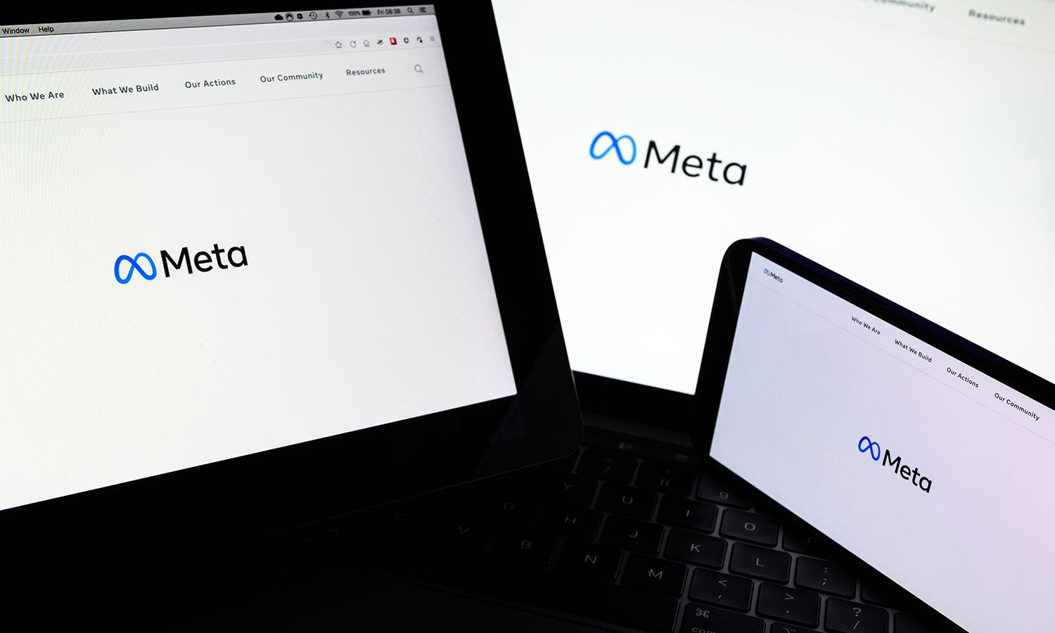 Three screens display the Meta logo.