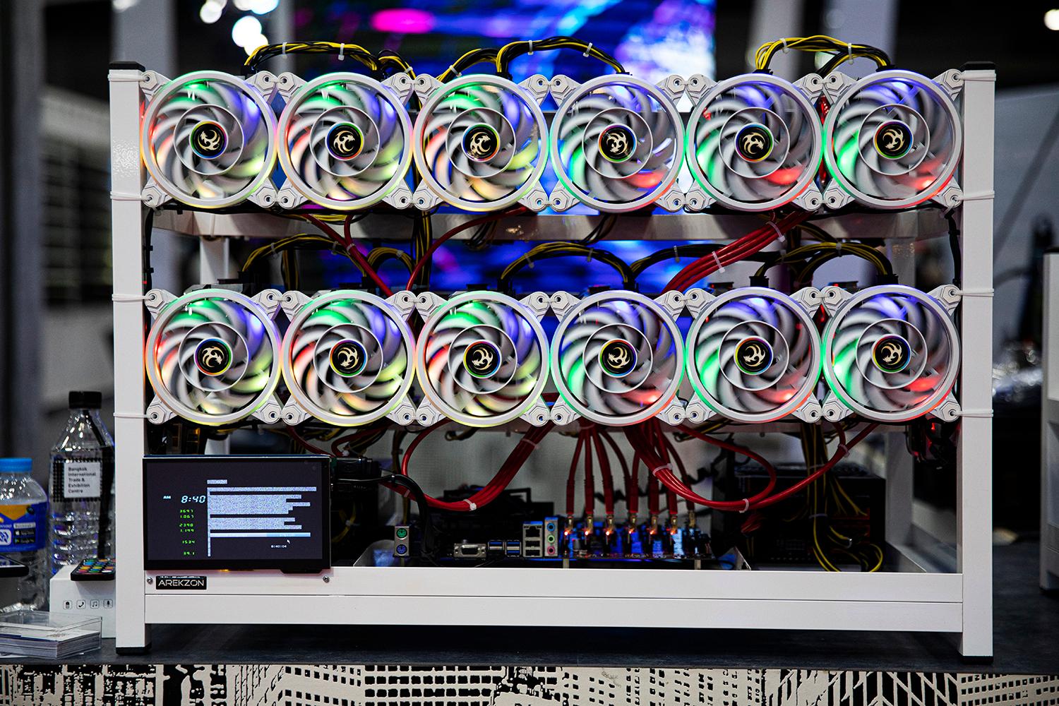 Mining rigs on display at the Thailand Crypto Expo on May 14, 2022, in Bangkok. (Photo by Lauren DeCicca/Getty Images)