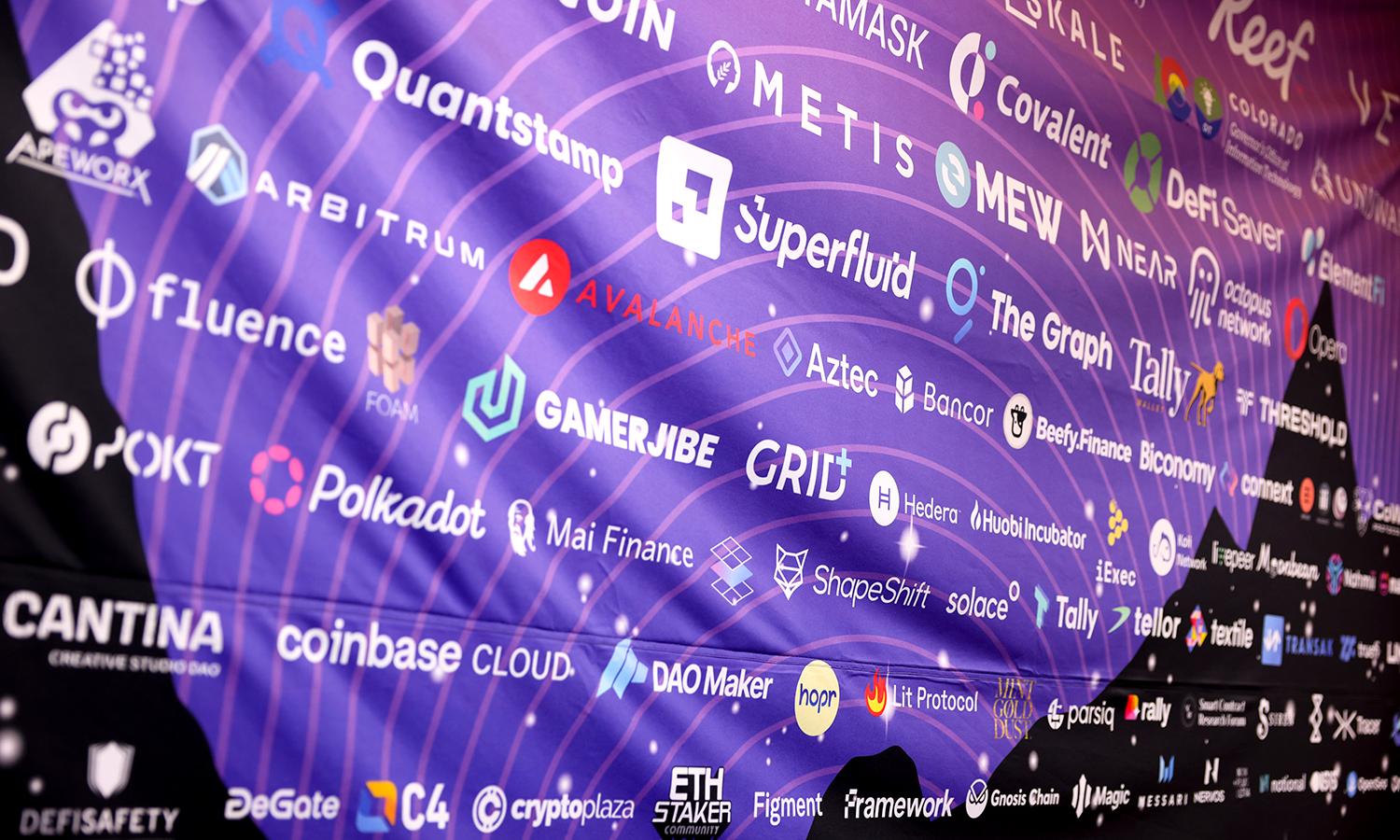 ETHDenver sponsors are listed on a banner on Feb. 18, 2022, in Denver. (Photo by Michael Ciaglo/Getty Images)