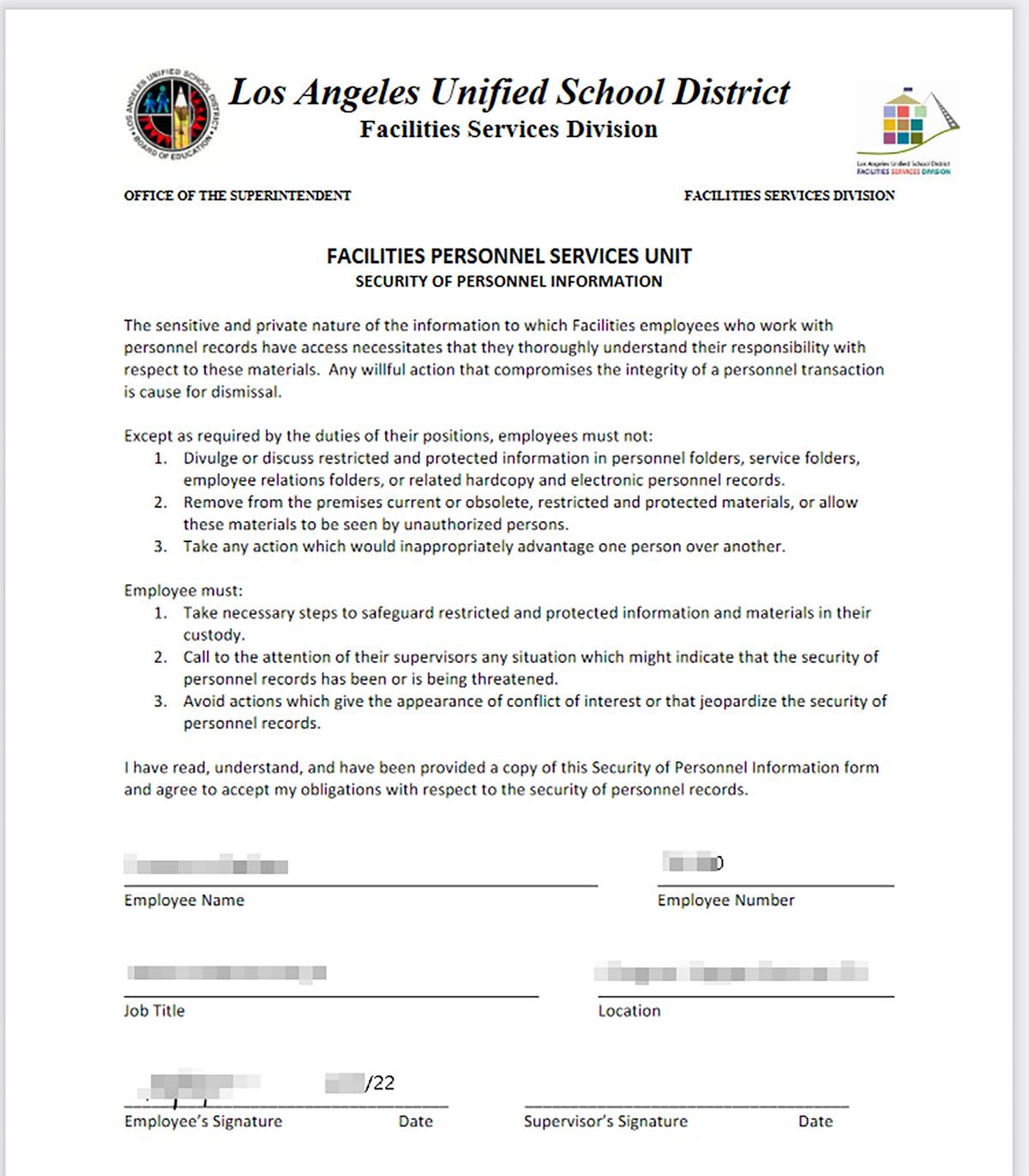 An employment contract from the Los Angeles School District