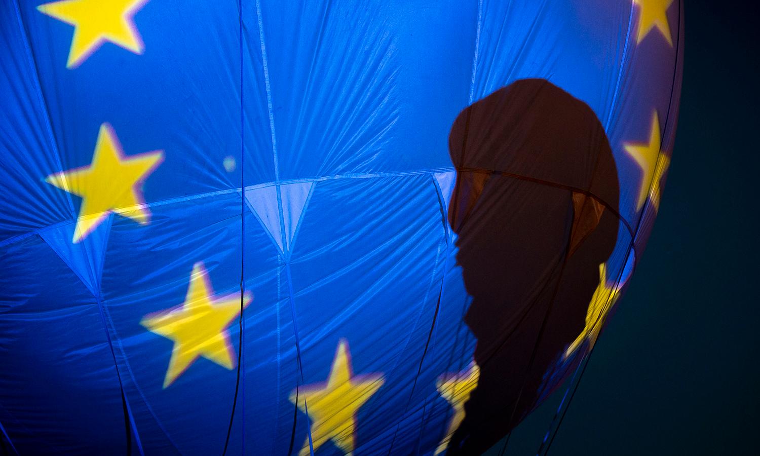 The flag of the European Union is projected on helium balloon