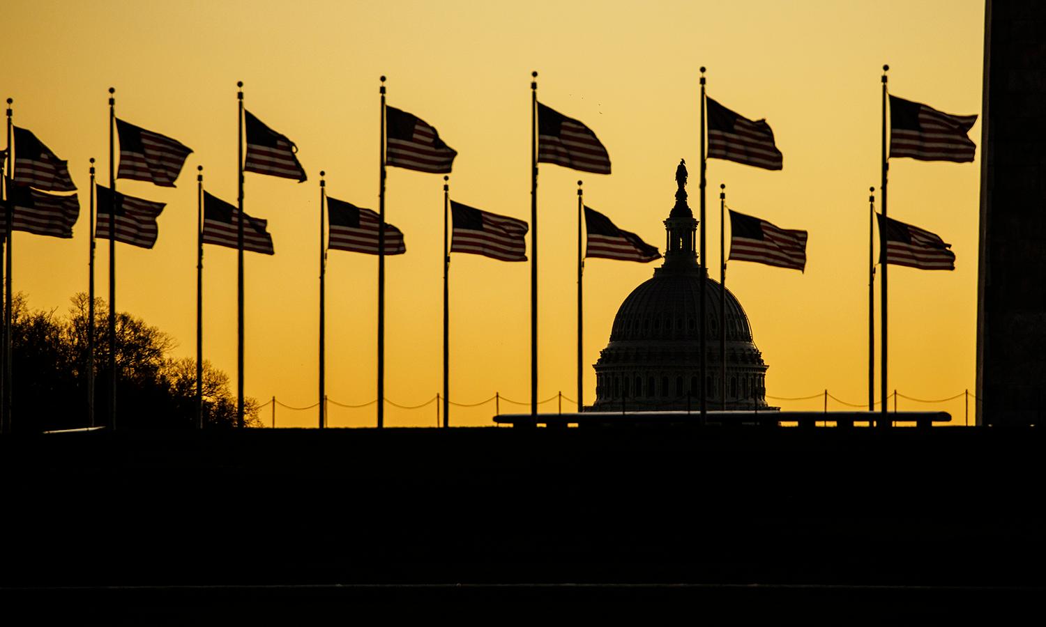 The US Capitol dome is seen surrounded by American flags