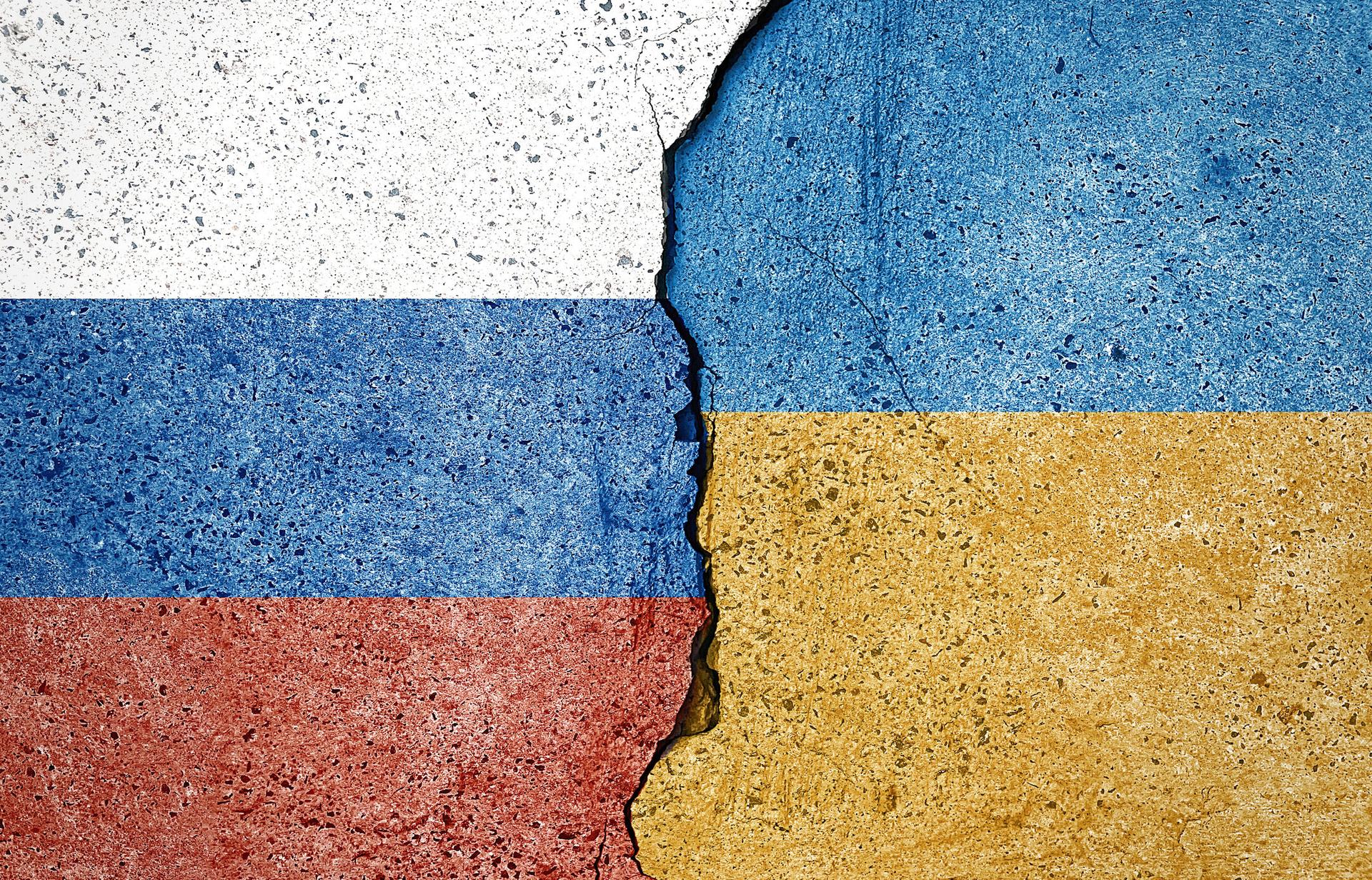 Flags of Russia and Ukraine. No war. Peace. Relationship between Ukraine and Russia.