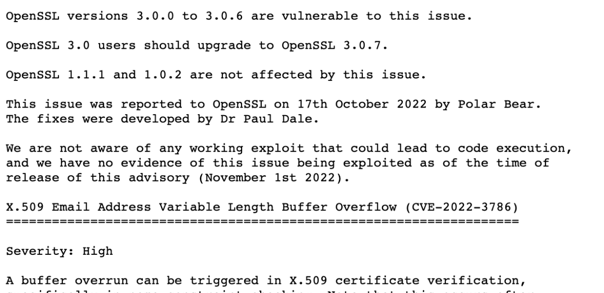 The OpenSSL project released Tuesday a patch to fix two high severity security vulnerabilities that could allow attackers to execute code remotely and shut down networks. (Image: Screenshot of OpenSSL project security advisory)