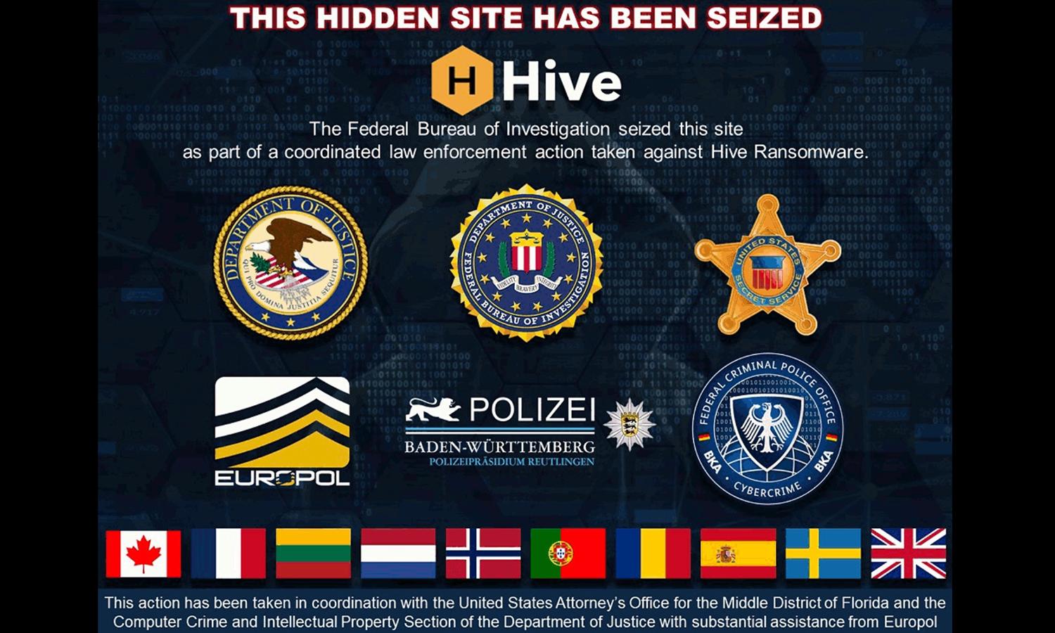 A screen image says the Hive's site has been seized by law enforcement