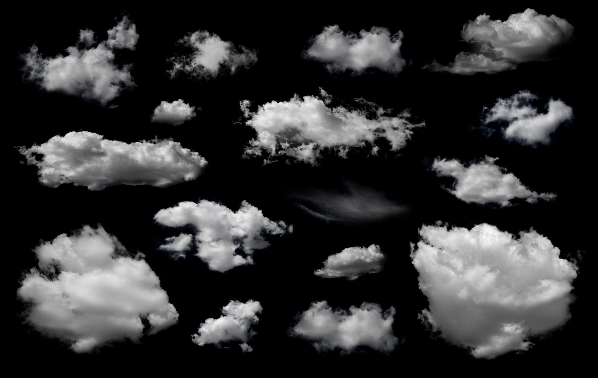 Clouds set isolated on black background. White cloudiness, mist or smog background.