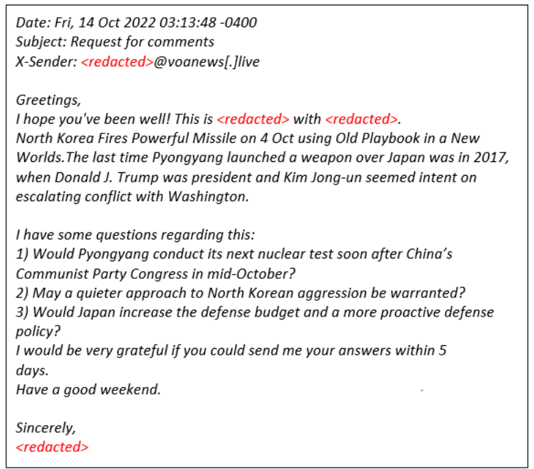 A screenshot of a sample spearphishing email from APT43 posing as a journalist inquiring about a North Korean missile launch in 2017. (Source: Mandiant)