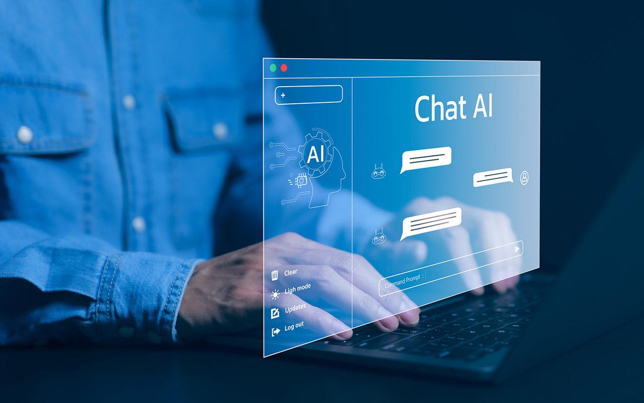 Chat AI Chat with AI or Artificial Intelligence technology. Man using a laptop computer chatting with an intelligent artificial intelligence asks for the answers he wants. Smart assistant futuristic,