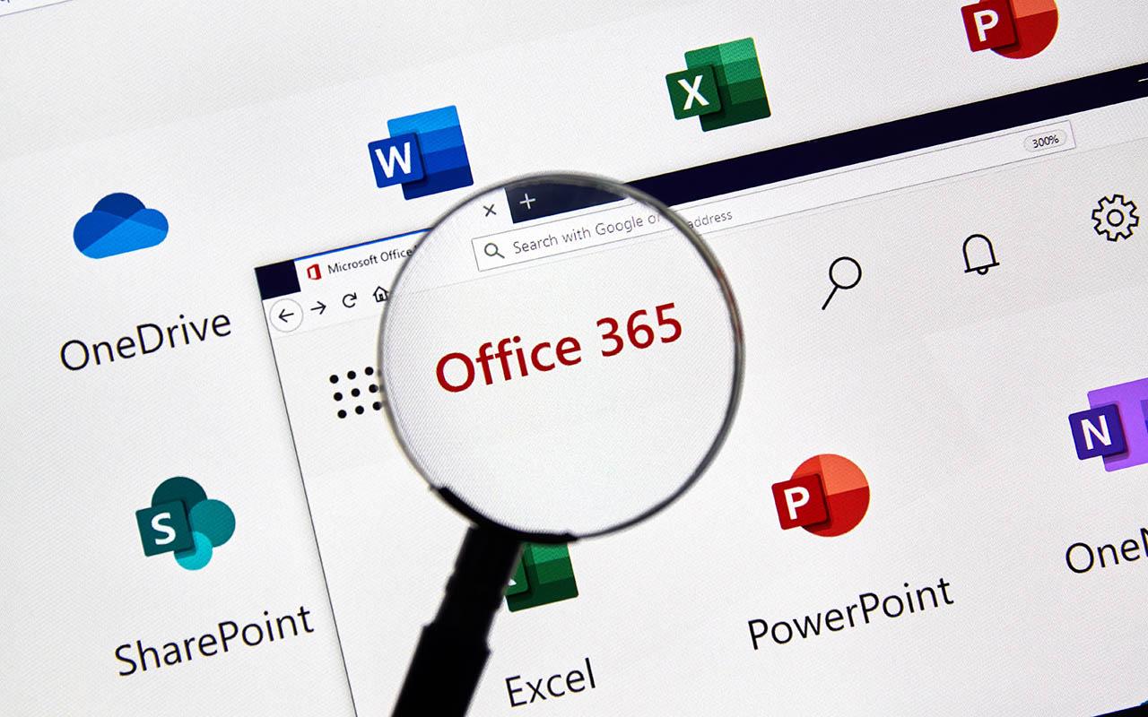 Microsoft Office 365 icons are seen on a PC screen.