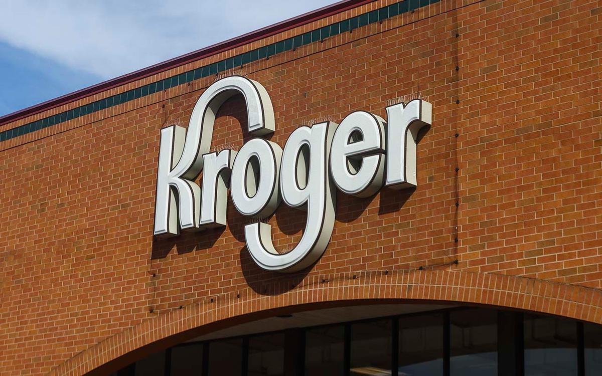 The Kroger logo is displayed on a storefront.
