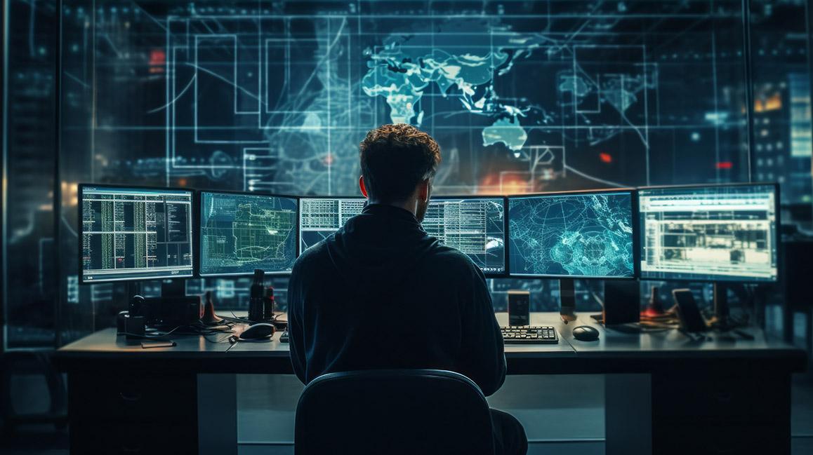 A security expert in front of multiple computer screens in a network operations centre near a server room. Cybersecurity, Cyber awareness training.